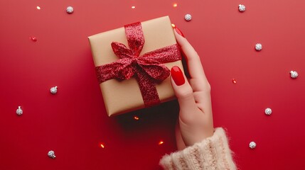 Fototapeta premium A woman's hand adorned with crimson nails grasps a festive gift box against a colorful backdrop.