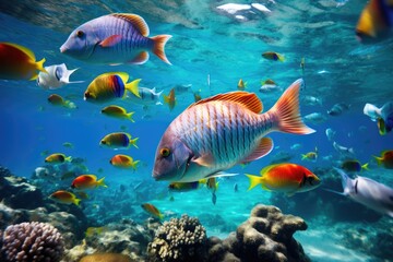 Fototapeta premium multi colored fish swimming in a vibrant coral reef