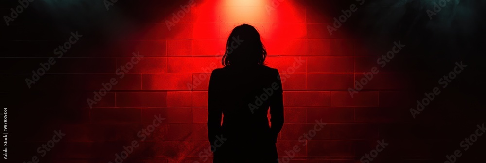 Aufkleber in a dimly lit room, a solitary figure is highlighted by a red spotlight, creating a haunting atmosp