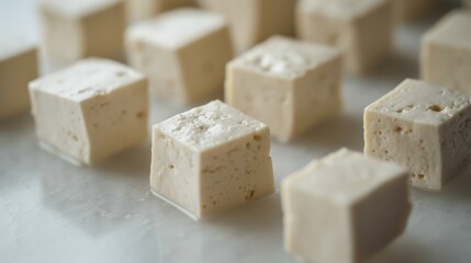 A close up of several pieces of tofu on a white surface