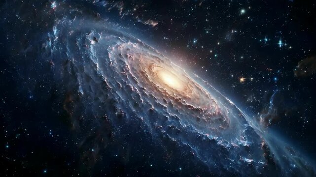 Spiral galaxy in deep space with bright core and swirling stars