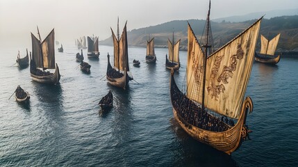 A ring of Viking ships anchored off the coast, their sails furled after a long journey
