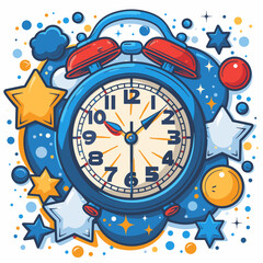 Vector illustration with a cartoon Christmas clock. Merry Christmas and Happy New Year greeting card.