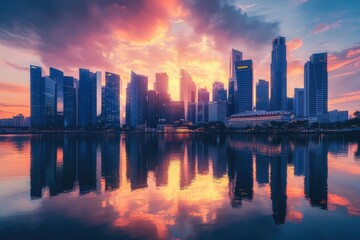Fototapeta premium A city skyline is reflected in a body of water, generative ai image