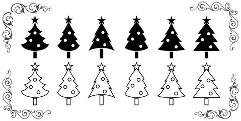 Christmas tree with ball bulb and star Norway spruce or Douglas fir, fir tree or Christmas fir vector pictogram sign icon symbol.