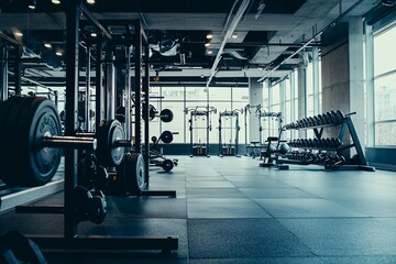 Fototapeta premium A focused individual powers through a weightlifting session in a sleek, contemporary fitness facility.