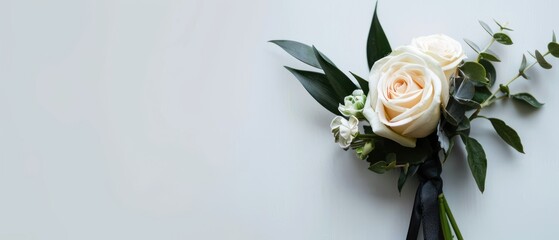 A bouquet of white flowers with black stems