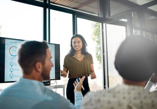 Office, businesswoman and screen for presentation with question, opinion and curiosity in workshop. Glass boardroom, teamwork and speaker with answer for corporate updates, meeting and training info