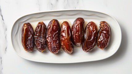 A plate of dried fruit, including raisins and dates, is arranged in a row