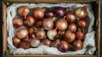 Obraz premium A crate full of onions is displayed on a table