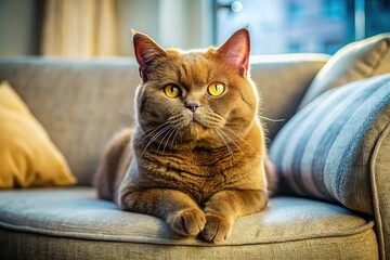Obraz premium Adorable Brown British Shorthair Cat Relaxing on a Soft Sofa in a Cozy Home Environment