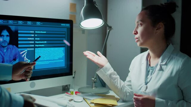 Female forensic scientist in lab coat pointing at computer screen and explaining criminal database profile of suspect to police officer who taking notes in notebook