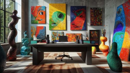 Home office with an artistic flair, featuring a desk surrounded by vibrant paintings and sculptures Creative and colorful