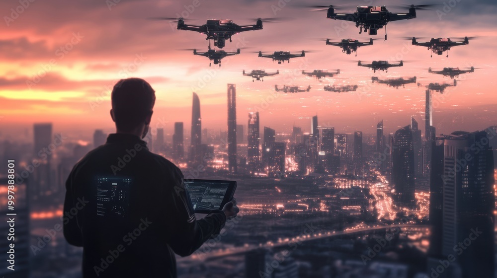 Aufkleber The skilled operator manages a fleet of advanced drones using a touchpad in a high-tech control center, overlooking a city at dusk. Generative AI