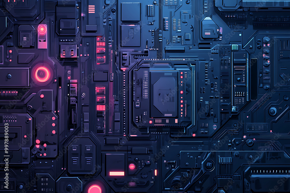 Poster abstract digital circuit design with glowing elements, emphasizing technology and innovation.