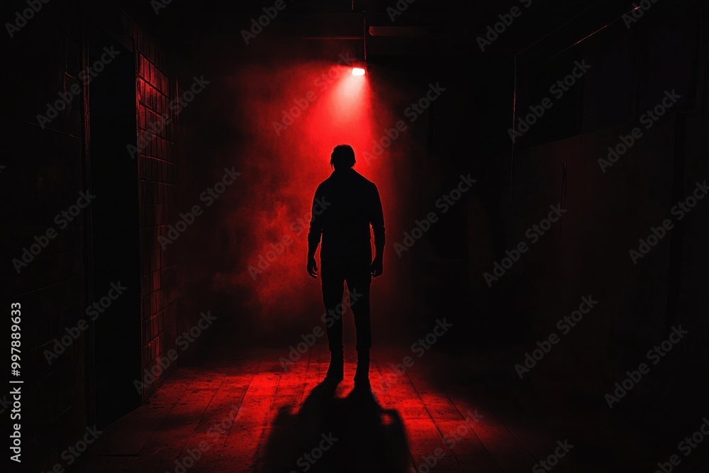 Leinwandbilder in a dimly lit room, a shadowy figure is highlighted by a spotlight, creating an atmosphere filled w