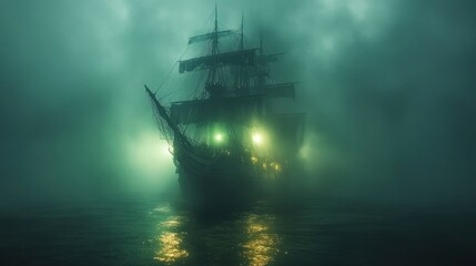 Fototapeta premium A ghostly ship emerges from fog, illuminated by eerie green lights.