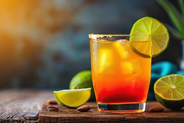 Fototapeta premium Refreshing sunset cocktail with citrus and lime for a vibrant tropical summer drink