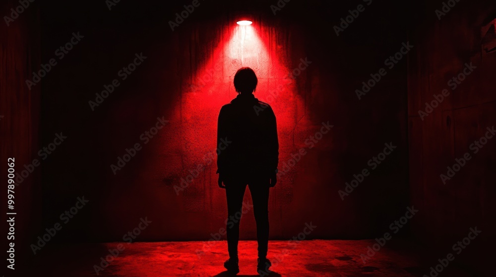 Aufkleber In a darkened space, a solitary figure is illuminated by a harsh red light, creating an atmosphere of suspense and dread. Generative AI
