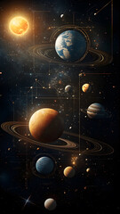 the planets of our solar system in deep space, each represented with its realistic color and size. 