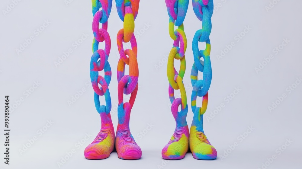 Poster 3d render of abstract colorful chain links connecting the legs of mannequins in a metaphorical partn