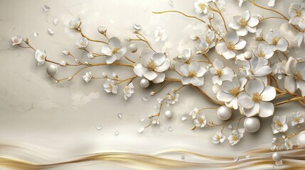 3D wallpaper with gold tree life white pearl and flowers, 3D mural wallpaper high quality AI generated image