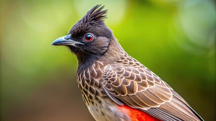 Eye level view of a single Red-vented Bulbul isolated on white background
