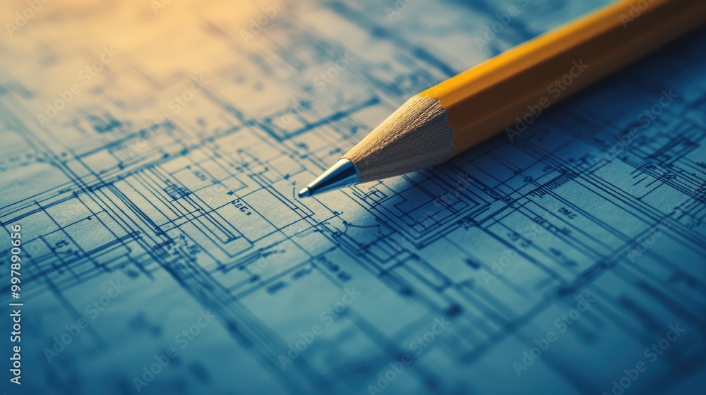 Poster a close-up image of a pen and pencil lying on top of a blueprint. the blueprint shows architectural 