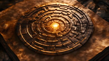 A hand-drawn, intricate circular maze on parchment, representing life's many decisions, with the center illuminated by a warm golden light, symbolizing the search for clarity. Vintage, Sketch