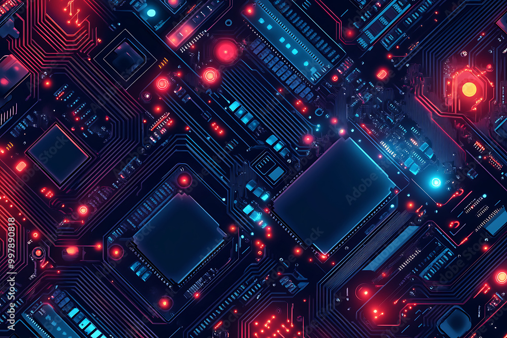Poster abstract digital circuit board with glowing elements, representing technology and innovation.
