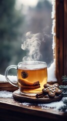 A cozy hot toddy in a glass mug, infused with ginger, honey, and cinnamon, with steam rising and a gingerbread cookie on the side.