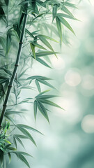 artistic landscape with green bamboo leaves in the upper left corner and light green in the background 