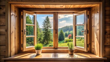 Eye level view of cozy house with open window and wooden frame