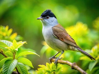 Fototapeta premium Captivating Blackcap Perched on a Branch Surrounded by Lush Green Foliage in Natural Habitat