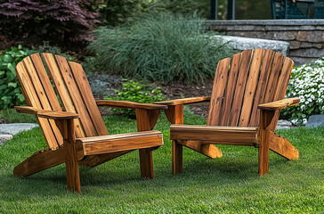 Two wooden chairs sitting on top of green grass