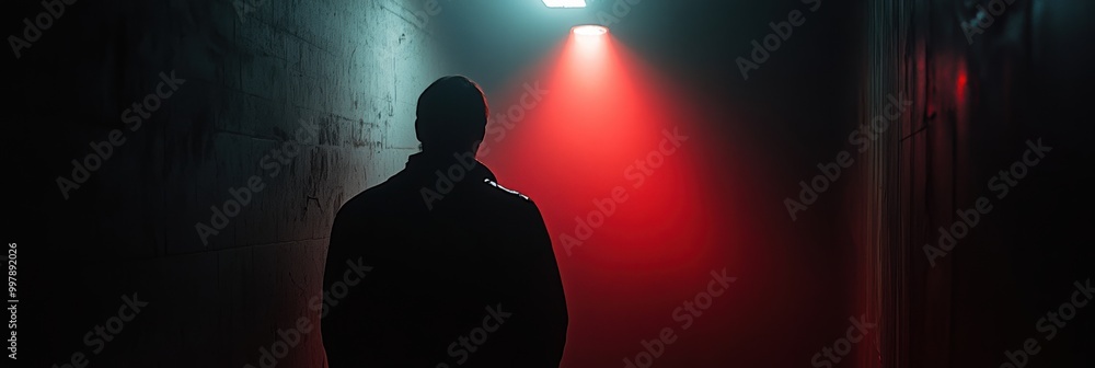Poster in a dim space, a solitary figure stands in a spotlight, surrounded by deep shadows and vibrant reds