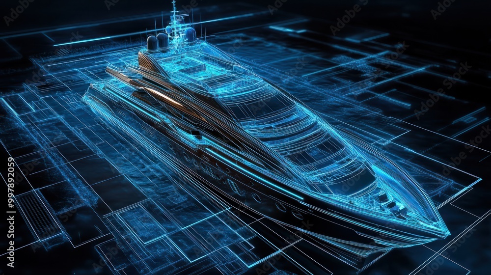 Aufkleber ai in yacht design optimizing performance and luxury features, highlighted with neon blueprints