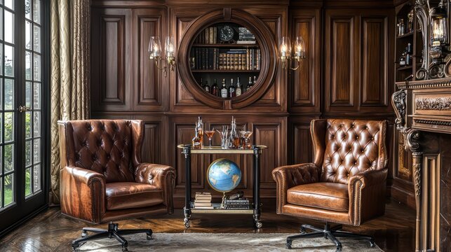 Home office with a classic English study theme, featuring leather chairs, wood paneling, and a globe bar cart Sophisticated and traditional