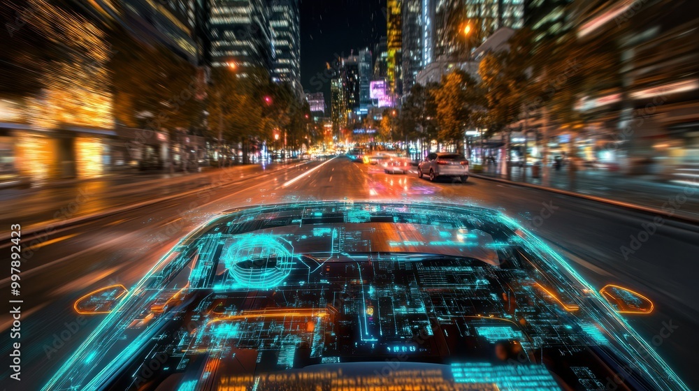 Poster an autonomous car navigating a smart city, with holographic displays showing ai-driven data analysis