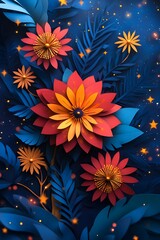 Naklejka premium Layered papercut fireworks and stars, bold New Year typography with vibrant colors, perfect for cards