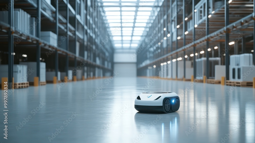 Poster autonomous robot navigating in a modern warehouse