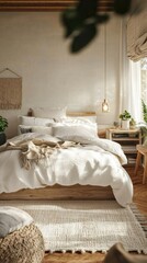 A cozy Scandinavian-style bedroom with soft lighting, a wooden platform bed, white linen bedding, and a textured wool rug.