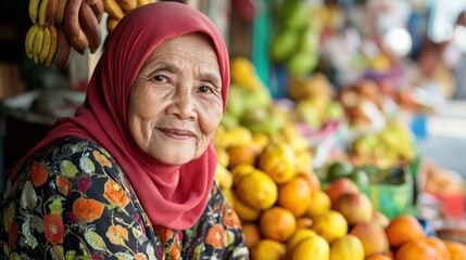 Smiling Woman in a Fruit Market