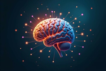 3D rendering of a detailed human brain with glowing dots around