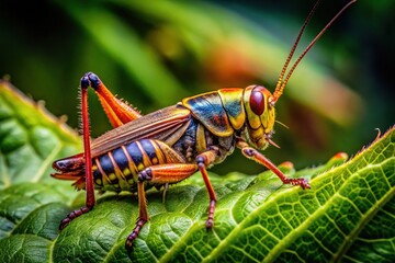 Fototapeta premium Close-up of a cricket insect on a leaf showcasing its intricate details and natural habitat environment