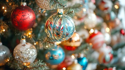 A richly decorated Christmas tree with glass ornaments and tinsel