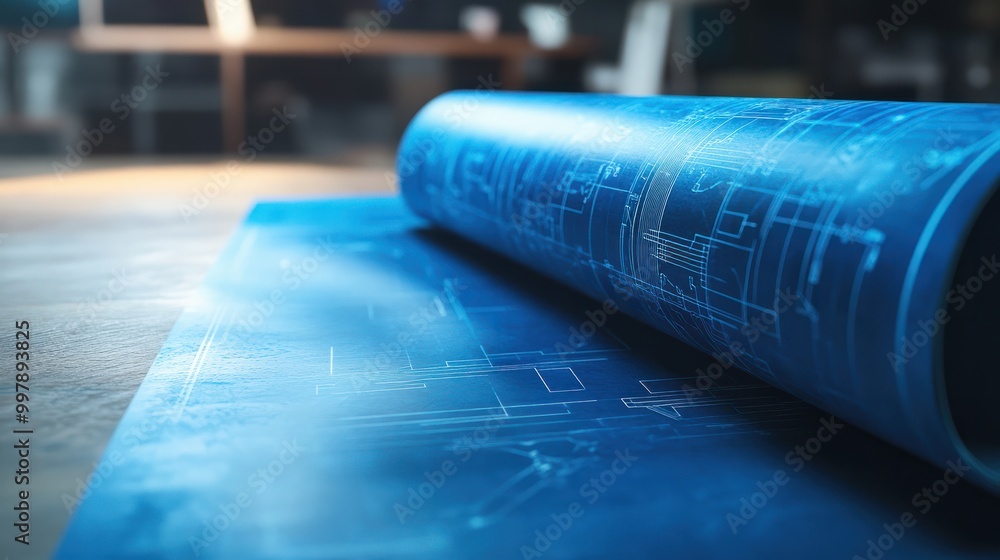 Poster closeup of a rolled up blueprint on a table with a blue electrical diagram. the image is a concept f