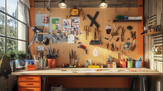 Home office with a DIY craft theme, featuring a large worktable, storage for craft supplies, and a pegboard with tools Creative and organized