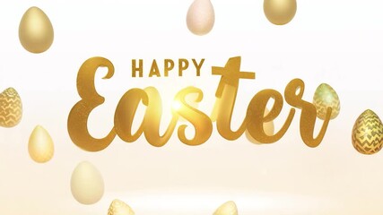 Golden happy easter greeting shines against a white background, accompanied by falling eggs in gold, white, and vibrant decorations, creating a festive and cheerful atmosphere