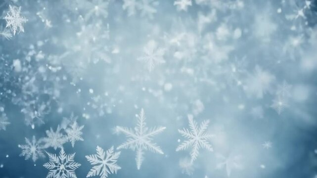 Snowflakes of various shapes and sizes gently fall against a soft blue background, creating a dreamy, blurred effect that evokes a serene winter wonderland atmosphere